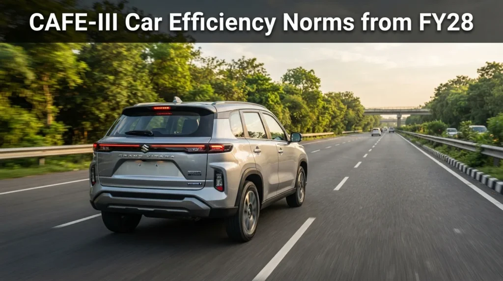 CAFE-III norms India bring stricter fuel efficiency standards from FY28. Know the impact on car prices, hybrids, and EVs before you buy.